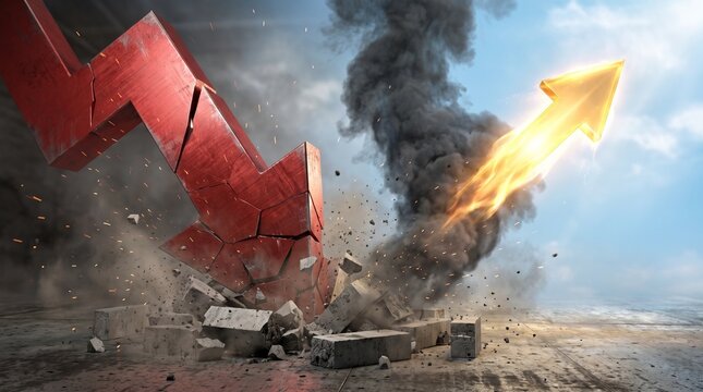 Stock market crash with falling red arrow and rising golden arrow