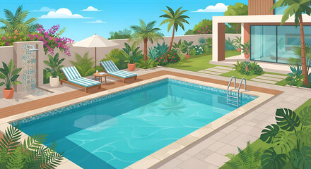 Fototapeta premium Luxurious tropical villa with swimming pool, poolside lounge area, and lush green garden, sunny summer vacation resort architecture