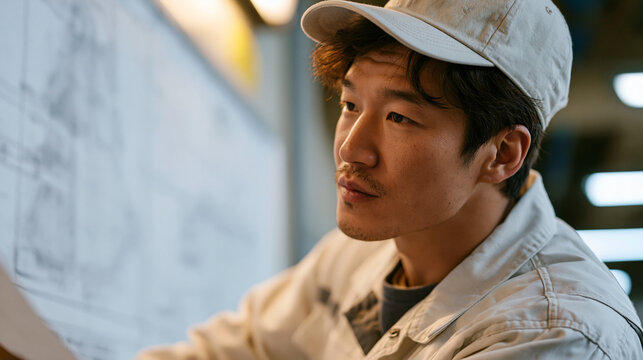 A Korean submarine engineer in a technical coverall reviewing hull pressure diagrams at a wall-mounted schematic inside a naval facility, December security lighting harsh and
