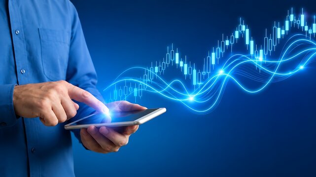 Man touching tablet with glowing futuristic financial data graph overlay.