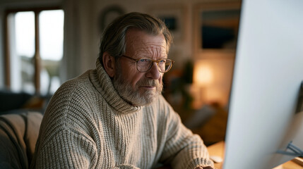 Fototapeta premium Elderly web developer reviewing a client portfolio on a large monitor in a cozy home office, December project handoff deadline, reading glasses on, organized cable setup,
