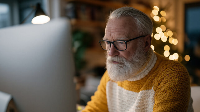Elderly web developer reviewing a client portfolio on a large monitor in a cozy home office, December project handoff deadline, reading glasses on, organized cable setup,