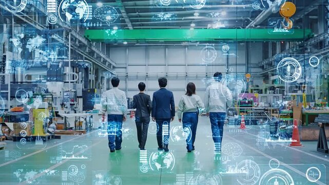 工場で働く人々とデジタルテクノロジー。DX、産業、製造業、人材、エンジニア、ビジネス、AI、未来