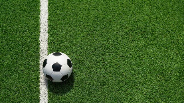 Soccer ball near goalpost on green field. Football equipment ready for penalty kick or free shot in professional match.