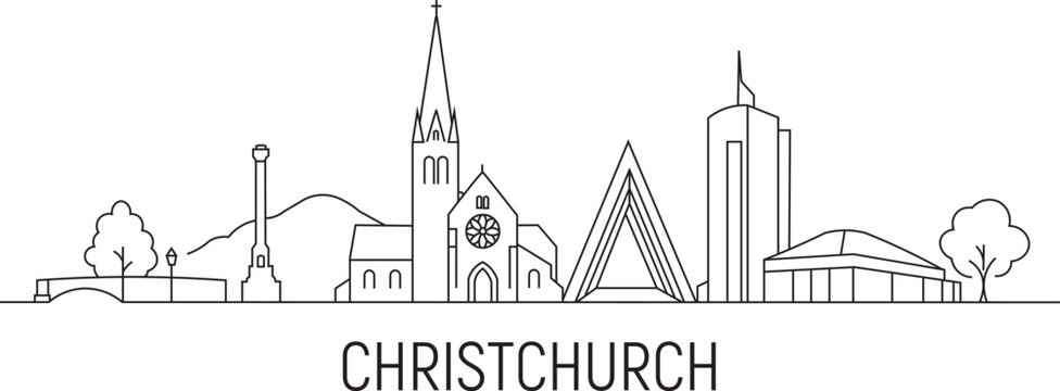 Simple line art depicts Christchurch's skyline