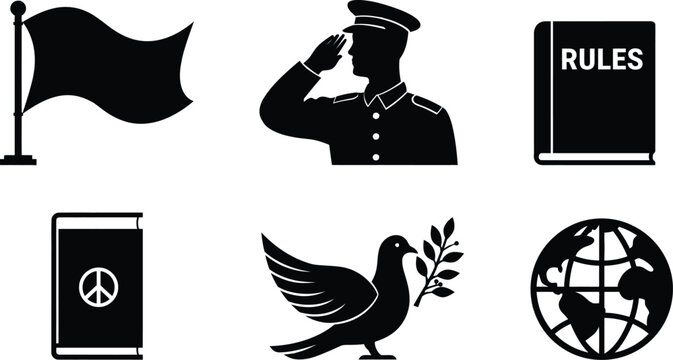 Law icon set featuring flag soldier book peace globe and rule book for justice and peace concept