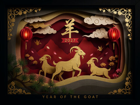 3D Papercut Shadow Box of Lunar New Year 2027 Year of the Goat with Glowing Lanterns