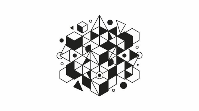 Abstract geometric composition with cubes triangles and circles