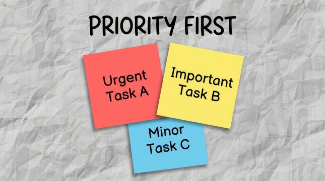 Priority task management chart with urgent and important labels. Business productivity workflow using color-coded sticky notes for time-sensitive p...