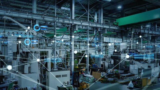 工場とデジタルネットワーク。DX、データ、機械、IIoT、未来、製造業、工業、通信、テック、ロボット
