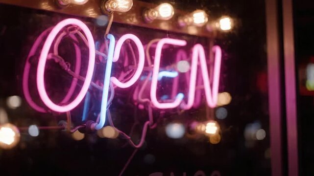 Open neon sign shines bright in the dark at a retro style location