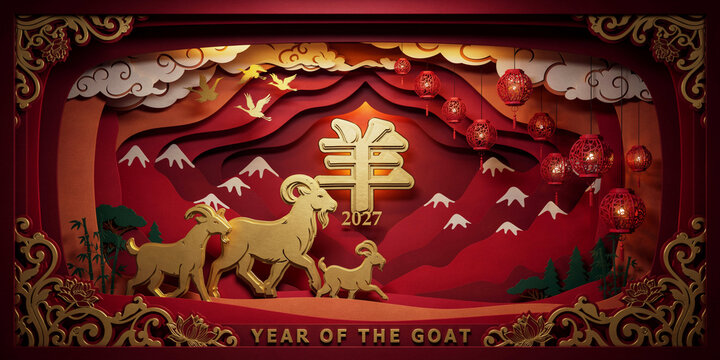 3D Papercut Shadow Box of Lunar New Year 2027 Year of the Goat with Glowing Lanterns