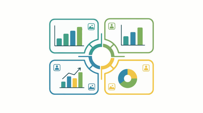 Circular infographic with four quadrants showing charts and icons