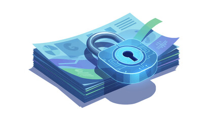 Fototapeta premium Secure padlock resting on stack of banknotes in blue tones