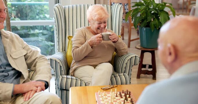 Group, conversation and old people in retirement home with laugh, reunion and funny joke in lounge. Smile, friends and happy together for memory, bonding and comic chat on sofa in living room