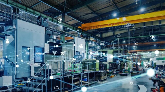 工場と通信ネットワーク。DX、機械、産業、製造業、自動化、IIoT、未来、システム、クラウド、AI