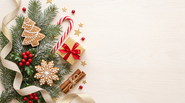 Christmas Flat Lay Banner with Gingerbread Cookies, Gift Box, Candy Cane, Cinnamon, and Pine Branches on Light Wood Background with Copyspace