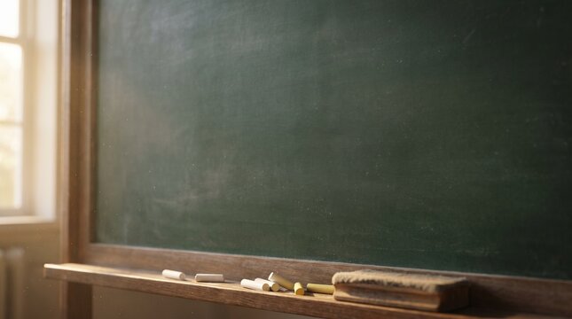 Blank green chalkboard in classroom with copy space