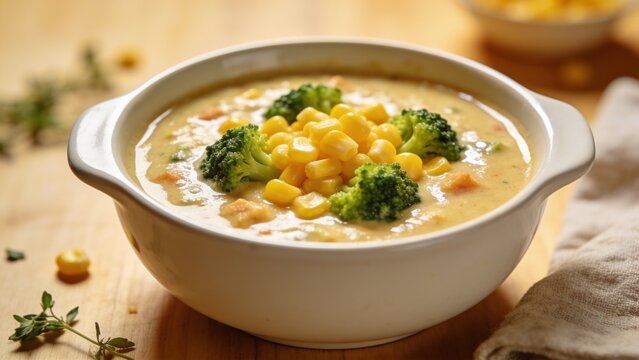 Creamy vegan corn and broccoli soup served in a rustic bowl on a wooden table.