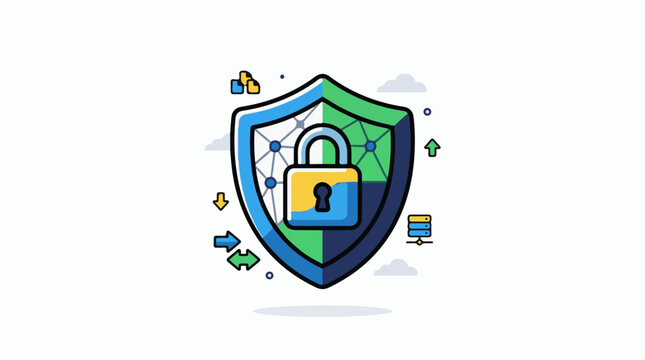 A shield with a padlock surrounded by various icons representing data protection and security