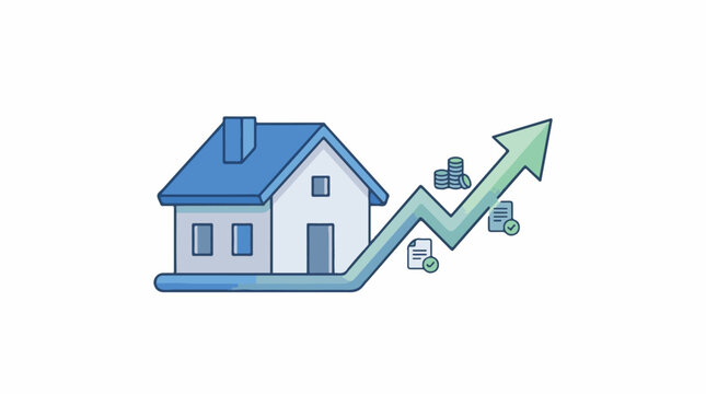 A house coins and documents on an upward-trending chart