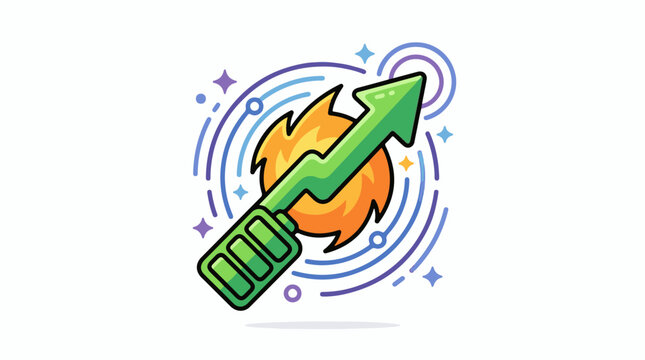 A green arrow with a flame and colorful starburst background