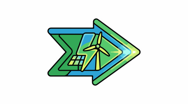 A green and blue arrow pointing right with a wind turbine and solar panel inside
