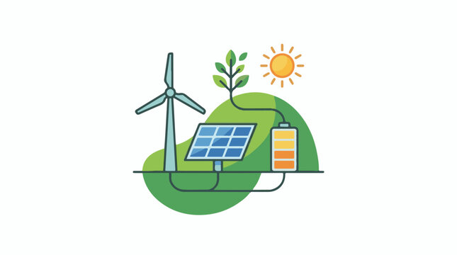 A graphic illustration of renewable energy sources on a green hill