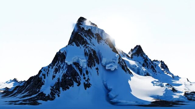 High snow covered mountain peak under bright sun flare isolated on white background