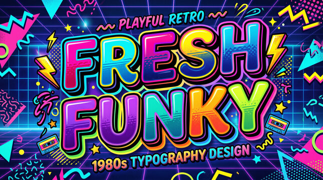 Vibrant 1980s retro typography design with neon glow. Bold vintage lettering for funky disco party posters and branding.