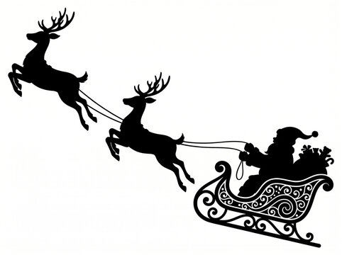 Christmas Santa Claus Sleigh Silhouette showing Flying Reindeer Pulling Sledge Packed with Gifts on White Background Vector Design