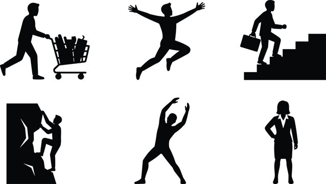 People silhouette collection featuring man shopping jumping climbing stairs rock climbing stretching and business woman icon vector illustration