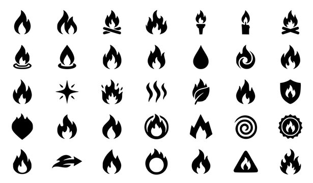 Fire Flame Icon Collection with Burning Heat Torch Campfire and Energy Symbol Vector Set