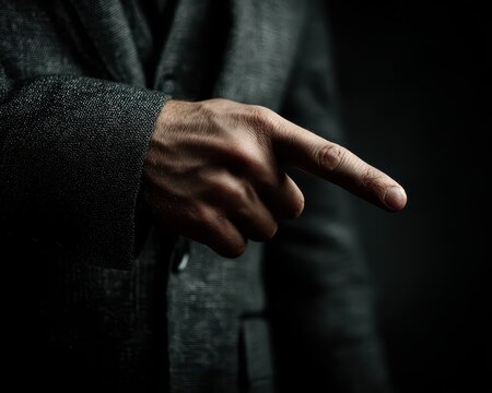 Cinematic close-up of an authoritative man pointing his finger in an accusatory gesture. Concept for blame, responsibility, corporate power, and judgment.