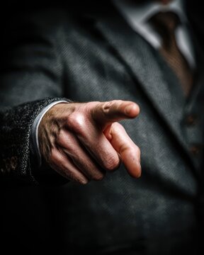 Powerful businessman in a tweed suit pointing finger in accusation. Dramatic concept of corporate blame, executive decision, leadership, and being chosen.
