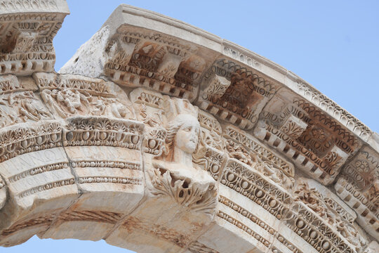 Ancient Stone Carvings of the Temple of Hadrian: Close-Up of Roman Reliefs in Ephesus, Turkey.