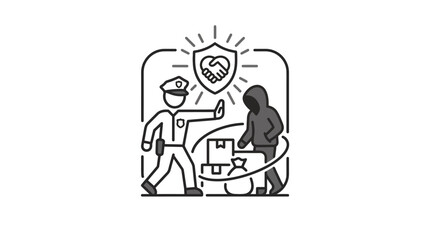 Naklejka premium Modern Black and White Line of Police Officer Assisting Citizen with Luggage and Documents with high quality professional line art symbols for modern creative design and digital branding projects