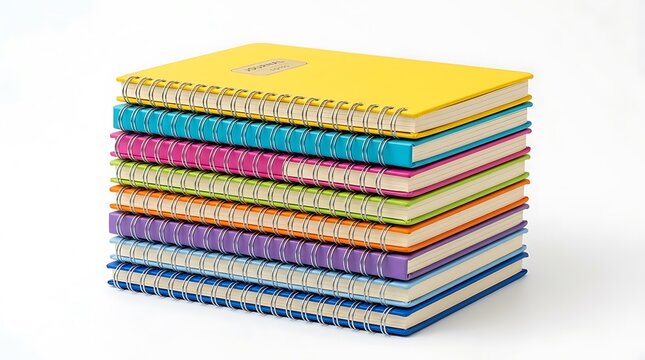 Colorful notebooks, spiral bound journals, stacked books, office supplies