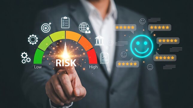 Business professional interacting with a glowing digital risk assessment gauge showing low to high risk levels with various data icons and ratings