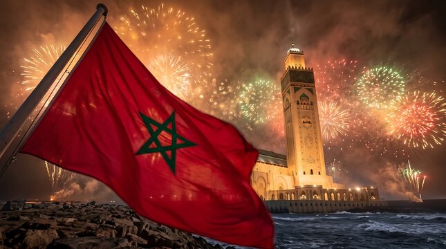Moroccan flag waving before Hassan II Mosque with festive fireworks display at night in Casablanca
