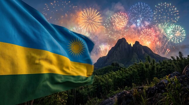 National Rwanda flag waving against mountain landscape background with colorful fireworks exploding in night sky