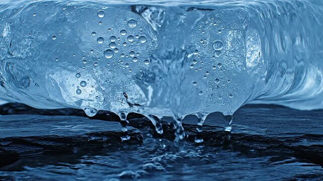 Close-Up of Melting Ice Dripping Water Creating Tranquil Environment Scene with Nature Background Ideal for Wellness and Ecological Themes