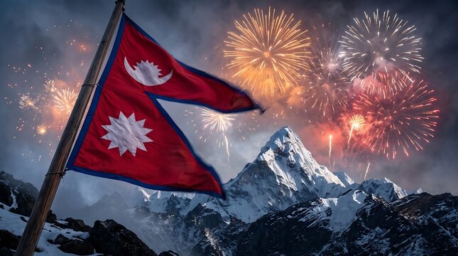 Nepal national flag waving against snowy Himalayan mountains and golden fireworks in night sky
