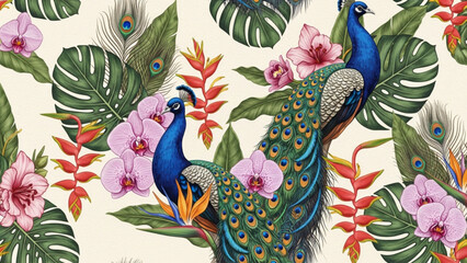 Obraz premium Seamless tropical pattern with blue peacocks, pink orchids, and monstera leaves. Vintage botanical illustration style on cream background. AI generated exotic floral design.