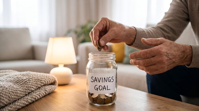 Senior man putting coin into jar labeled savings goal at home