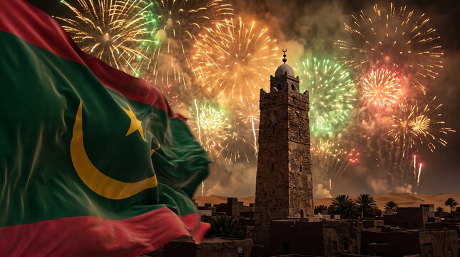 Waving Mauritania national flag and ancient stone minaret under colorful celebration fireworks in night desert sky