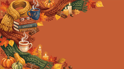 Obraz premium Autumn coffee and books arrange in a cozy corner vignette featuring warm textures and soft glowing candles for seasonal comfort.