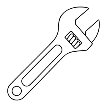Hand-drawn adjustable monkey wrench vector icon illustration with clean outline style, featuring minimalist line art of a classic spanner tool with screw detail and hanging hole, perfect for
