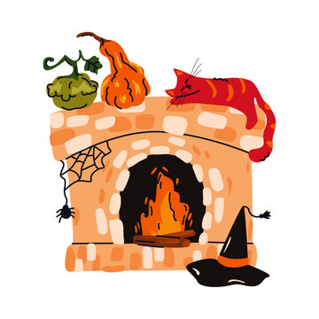 Autumn fireplace with sleeping cat, pumpkins, witch hat, spider web and burning fire. Halloween home interior vector illustration. Fall season decor