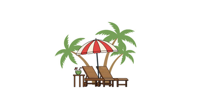 Beach lounge chairs under a striped umbrella with coconut drink